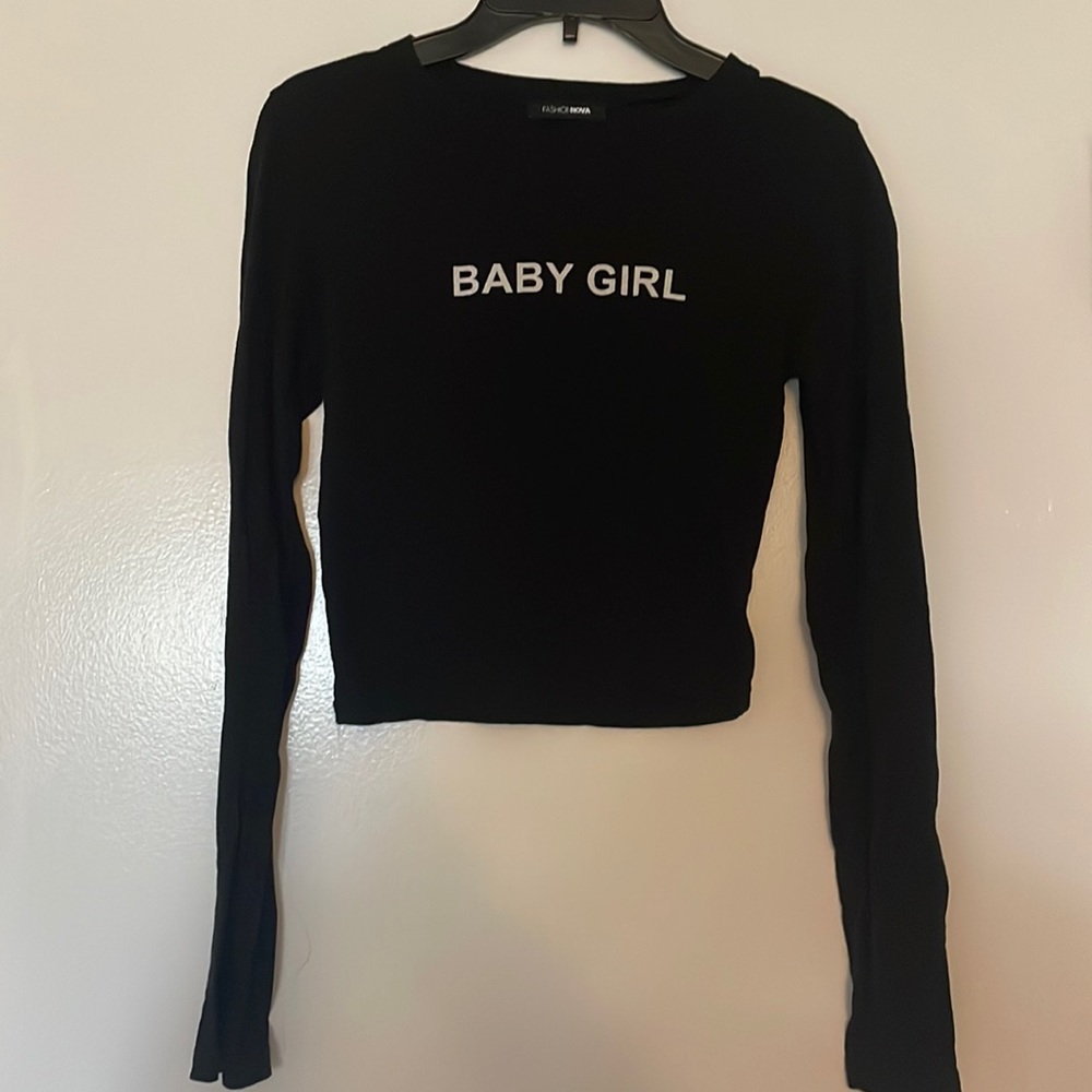 Fashion Nova, black long-sleeve crop-top, size small